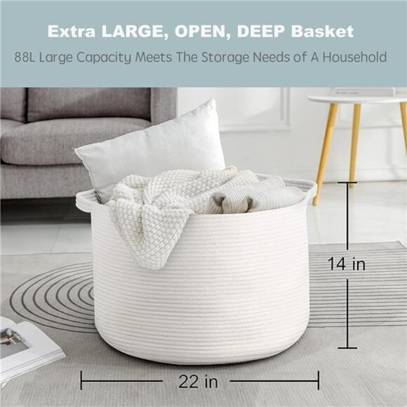 White Rope Storage Baskets,22" X 22" X14" Extra Large Blanket Basket Living Room - Picture 3 of 7